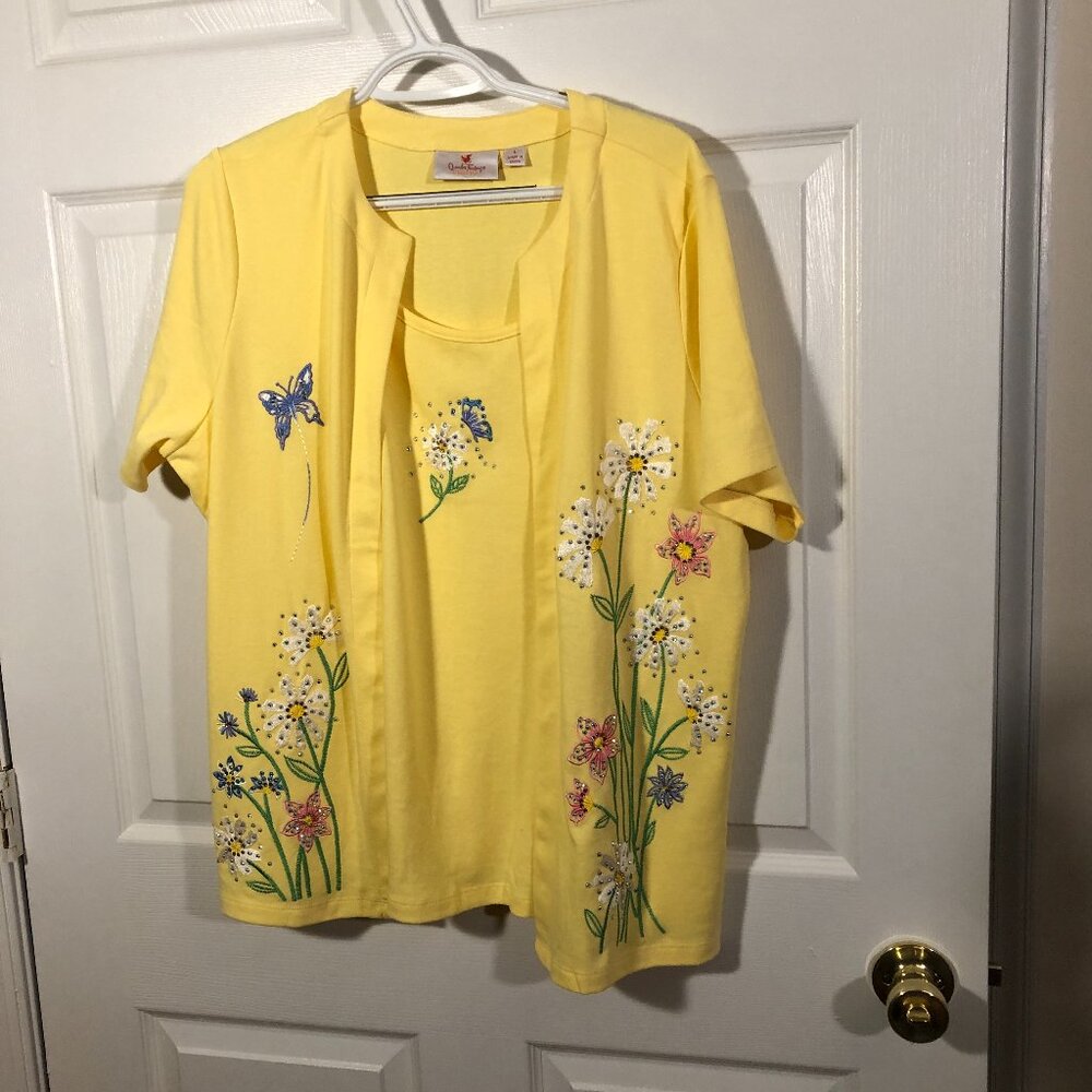 Quacker Factory women embroidered yellow short sleeve cardigan, L